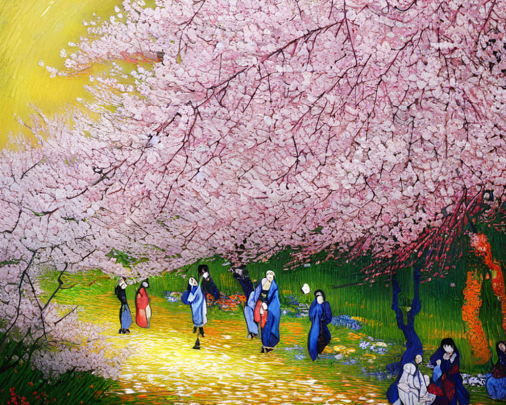 Cherry Blossoms Canopy with People Walking and Sitting