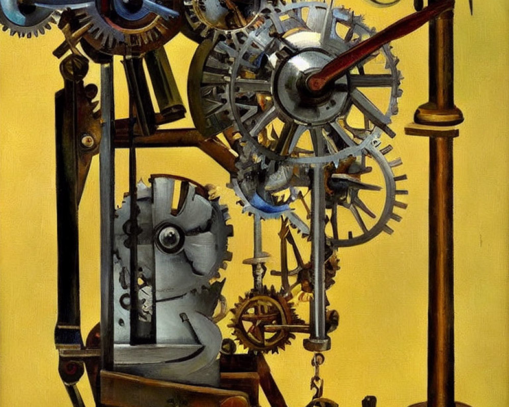 Realistic Painting of Mechanical Assembly with Gears on Yellow Background