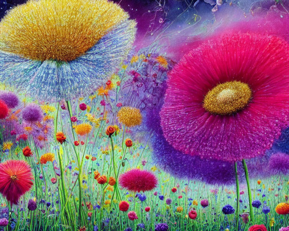 Colorful cosmic garden with oversized dandelion-like flowers on starry backdrop