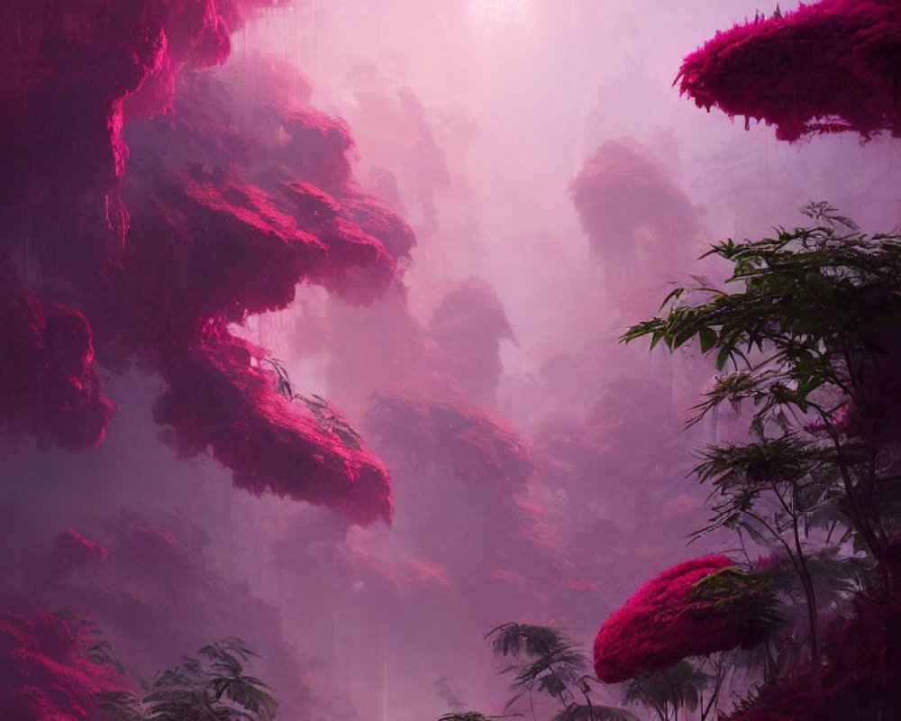 Magenta-hued misty landscape with ethereal light