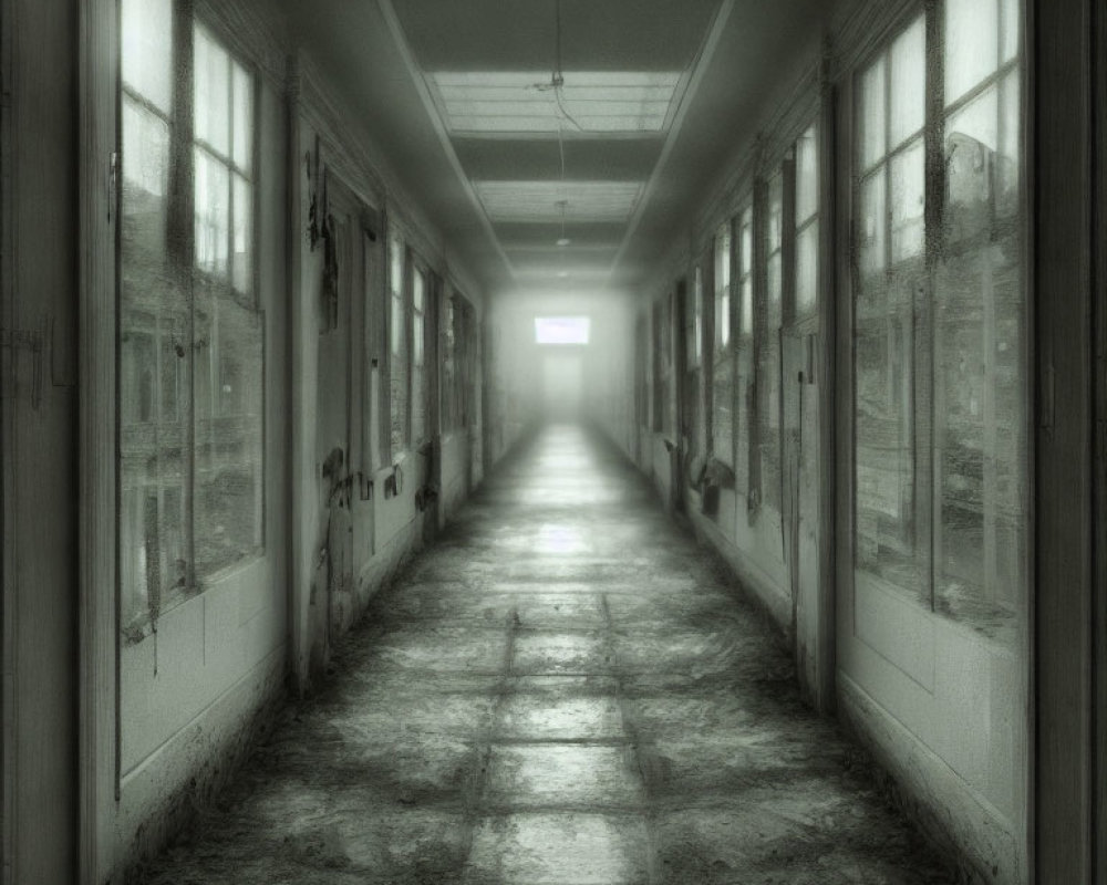 Dimly Lit Eerie Corridor with Worn-out Floors