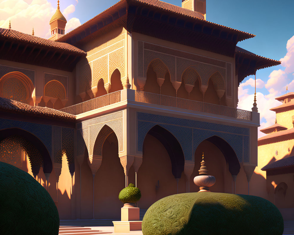 Ornate palace with arches, domes, and intricate tilework in warm sunlight