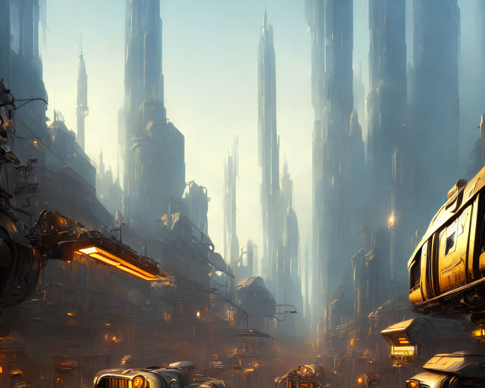 Futuristic cityscape with skyscrapers, sunlight, and flying vehicles