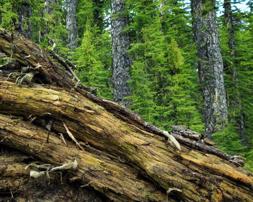 Mossy bark fallen tree in lush green forest