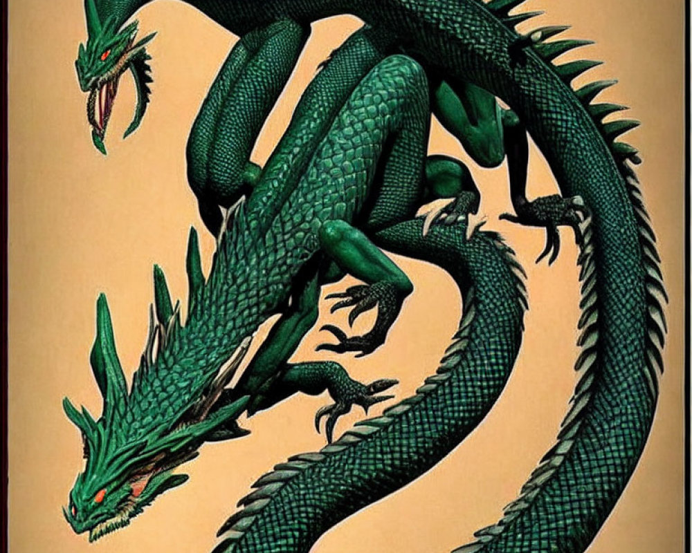 Detailed Illustration: Green Serpentine Dragon with Multiple Heads and Sharp Teeth on Tan Background