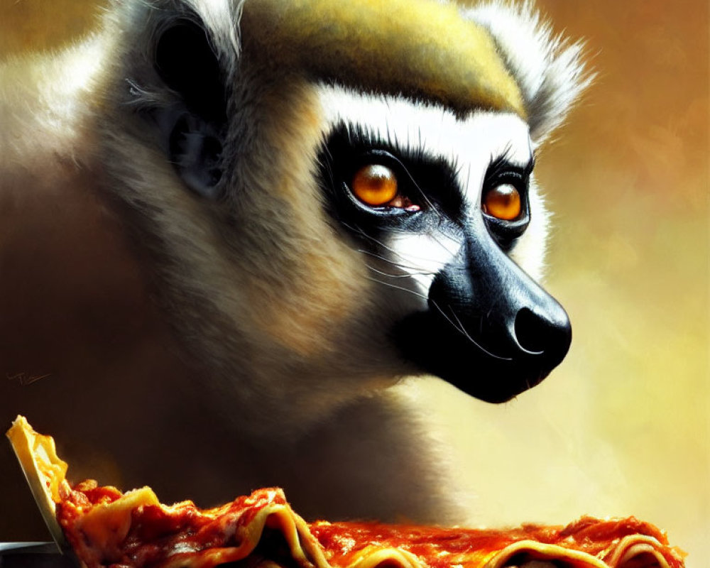 Close-up Digital Painting: Lemur with Orange Eyes and Lasagna Slice