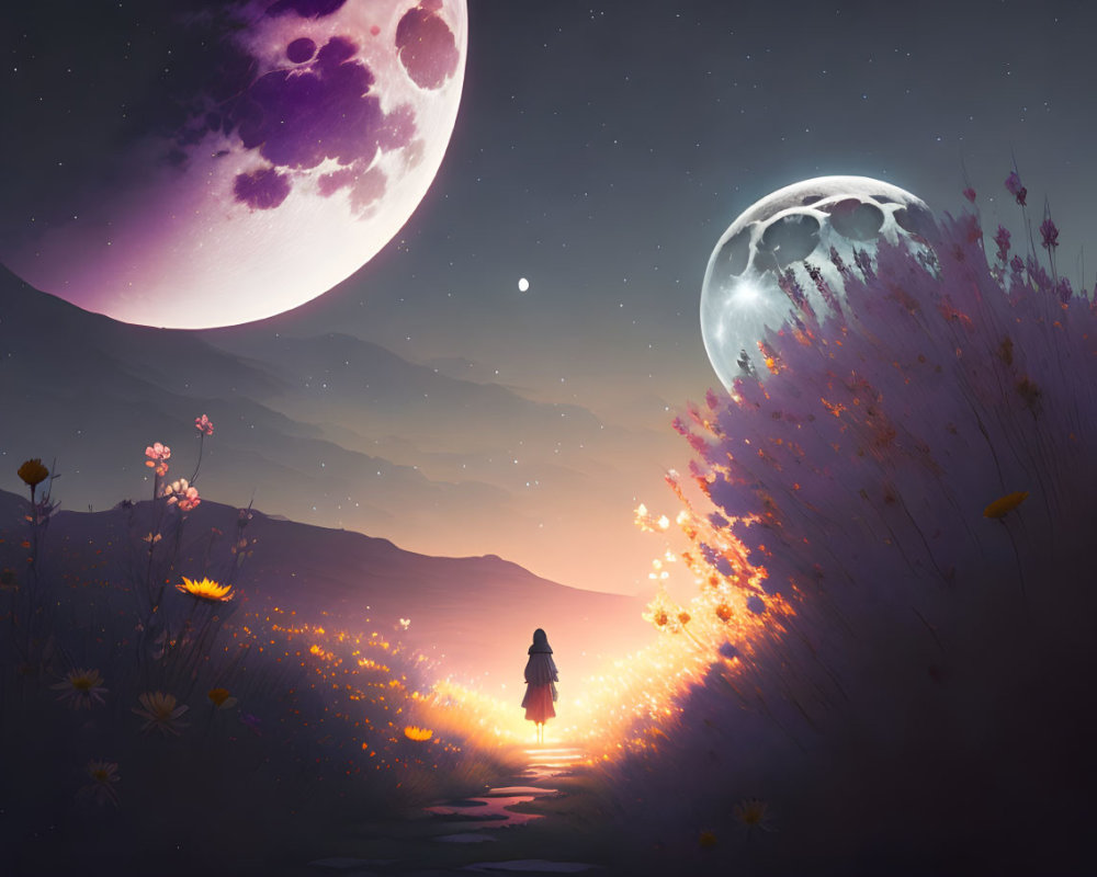 Person on flower path under purple moon and starry sky