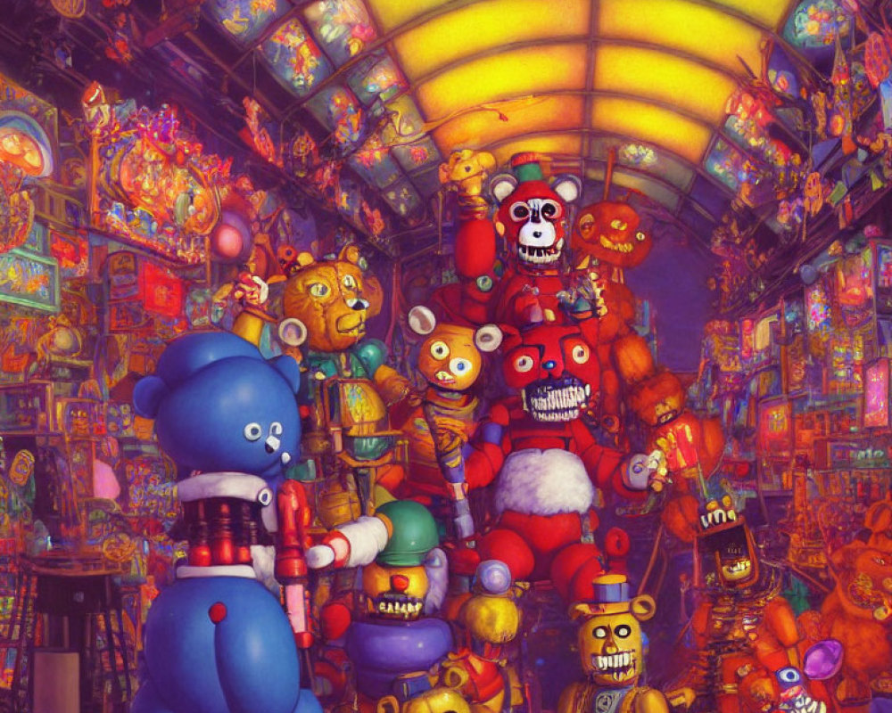 Colorful Illustration of Whimsical Robots in Arcade Setting with Santa Robot