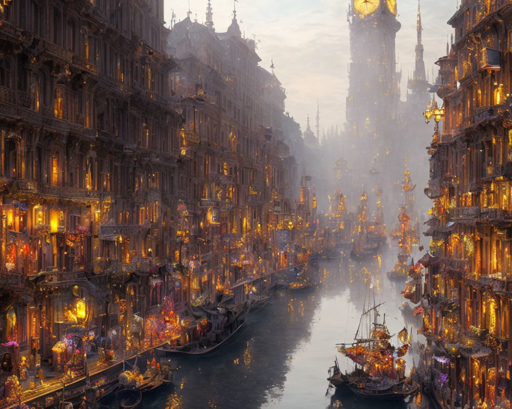 Fantasy Canal City at Dusk with Illuminated Buildings