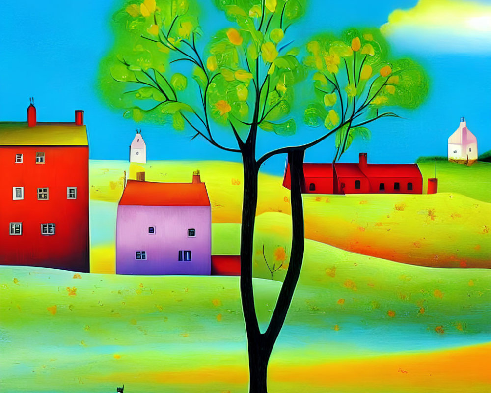 Colorful Landscape Painting with Houses, Tree, and Animals on Hills