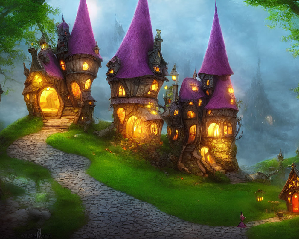 Whimsical glowing houses in mystical forest at twilight