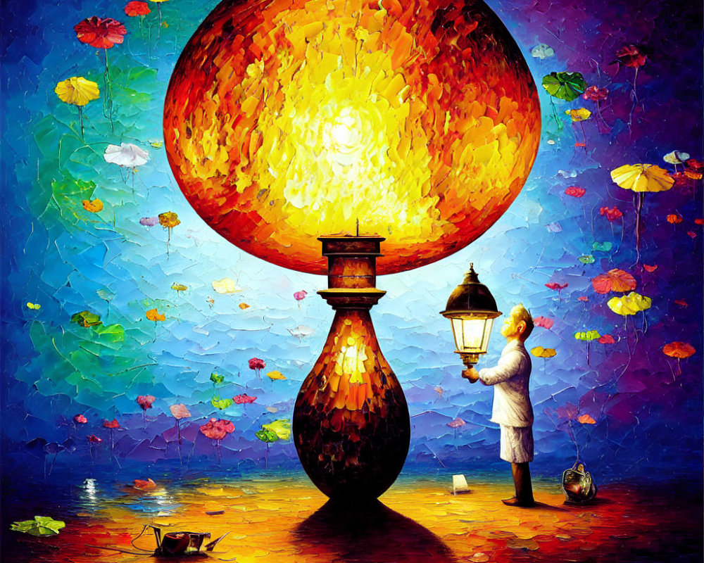 Vibrant painting of person with glowing orb and lantern among floating flowers