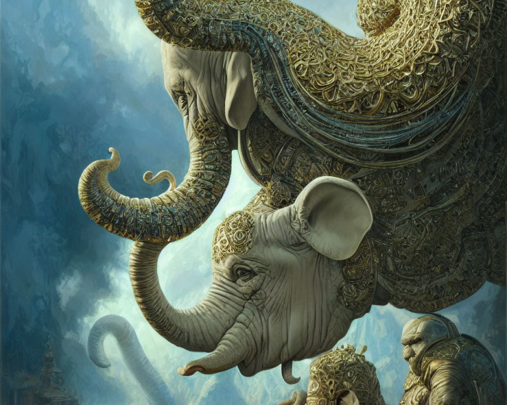 Ornate, Towering Elephants with Intricate Carvings in Mystical Landscape