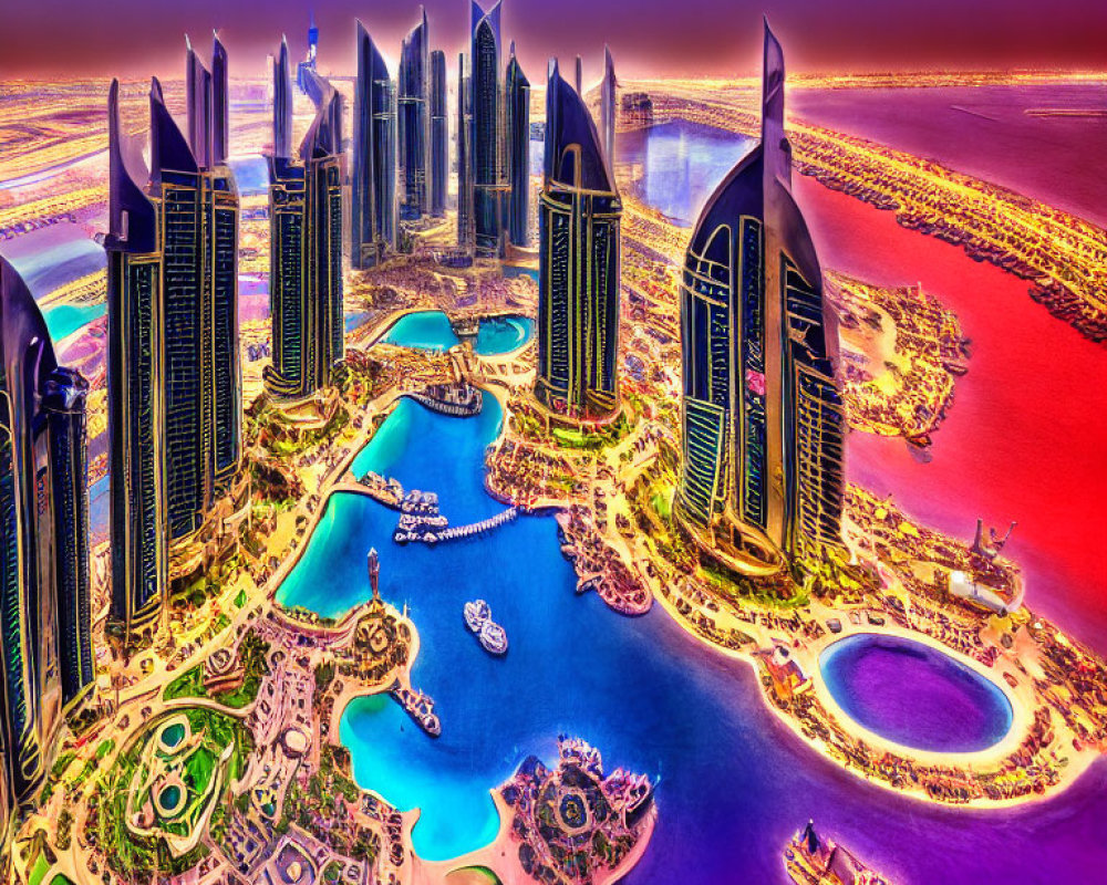 Futuristic cityscape with sleek skyscrapers by the coast in vibrant colors