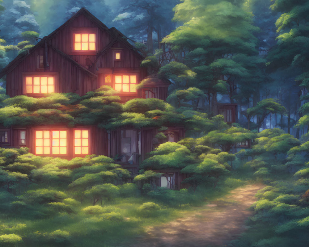 Tranquil Forest Scene: Cozy House Among Green Trees