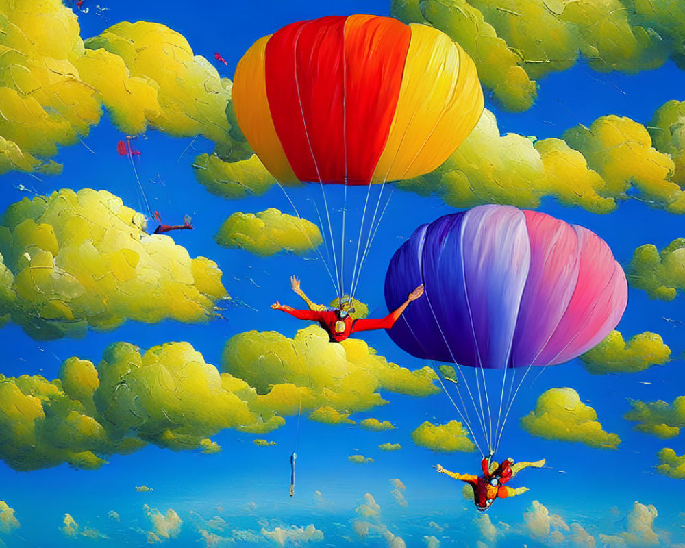 Colorful Parachute Skydivers Descend in Blue Sky