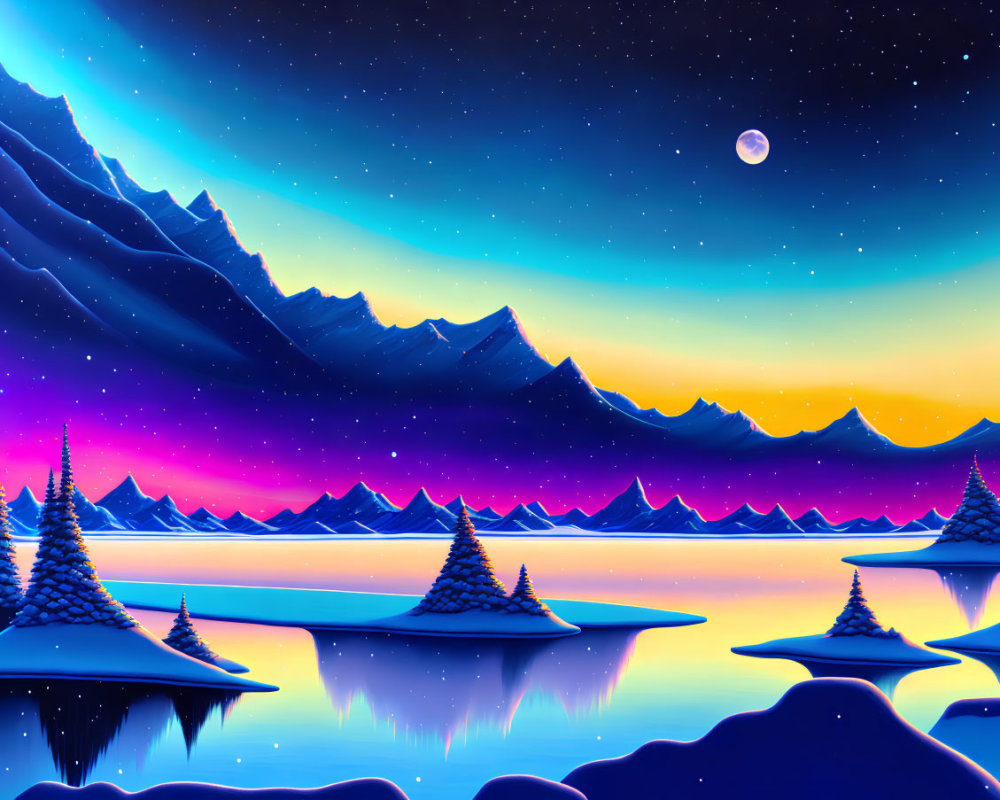 Digital Art: Serene Nighttime Landscape with Snowy Mountains