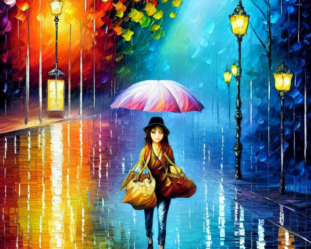 Colorful painting of woman with umbrella on wet street with lanterns