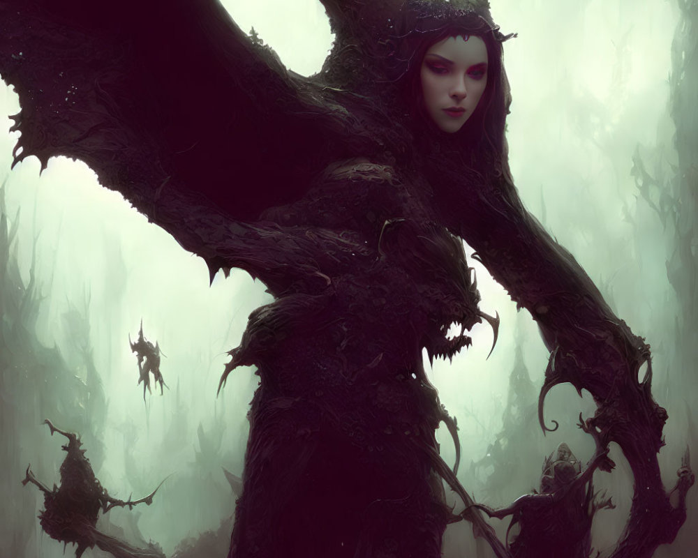 Ethereal forest scene with female figure and twisted tree entity