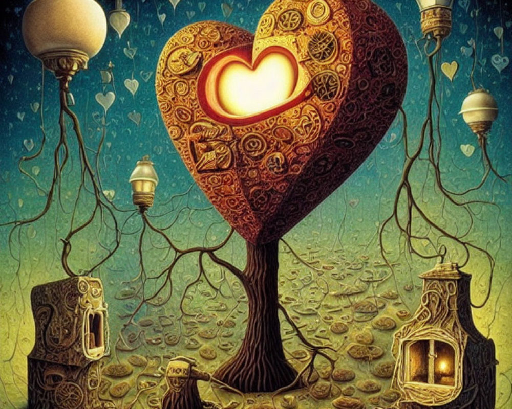 Illustration of heart-shaped tree with lanterns, intricate roots, and glowing heart on starry night