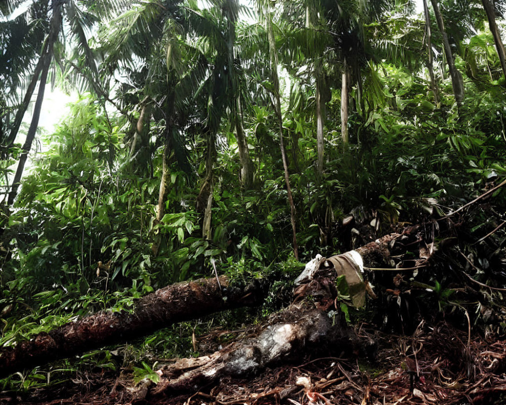 Lush Tropical Forest Scene with Fallen Tree Trunk