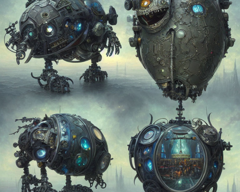 Four spherical mechanical robots in misty industrial landscape