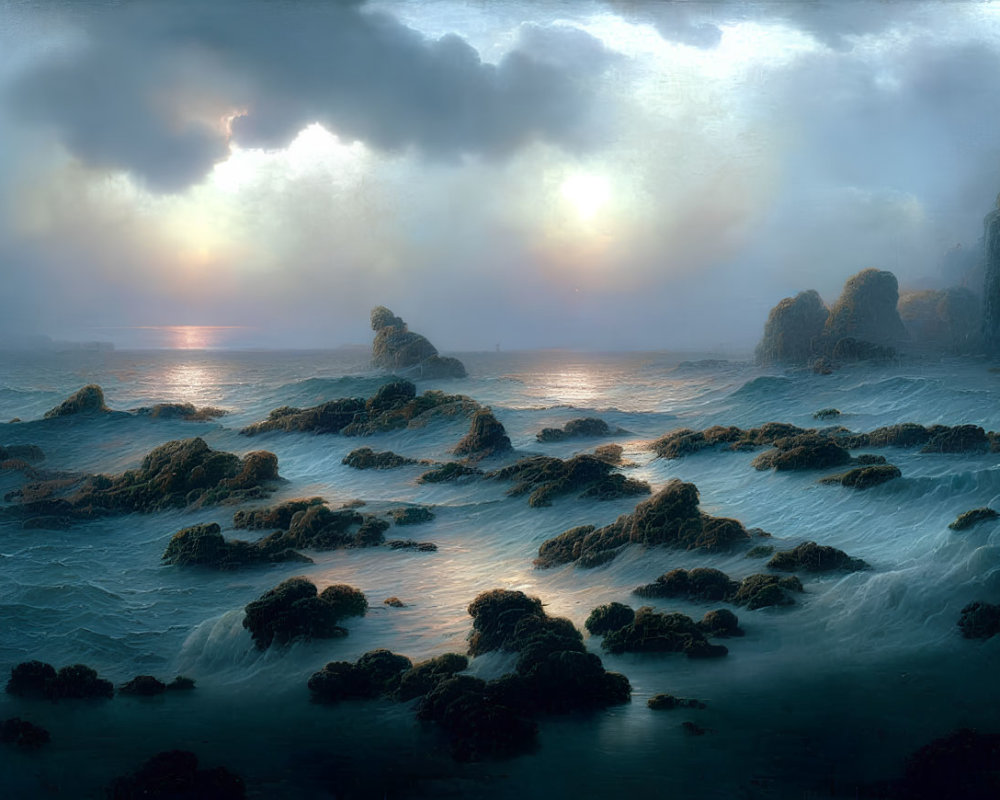 Tranquil twilight seascape with moss-covered rocks and sunlit stormy sky