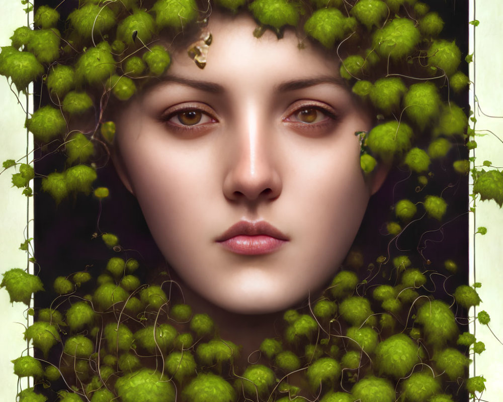 Woman's Face Framed by Lush Greenery and Moss-Like Textures