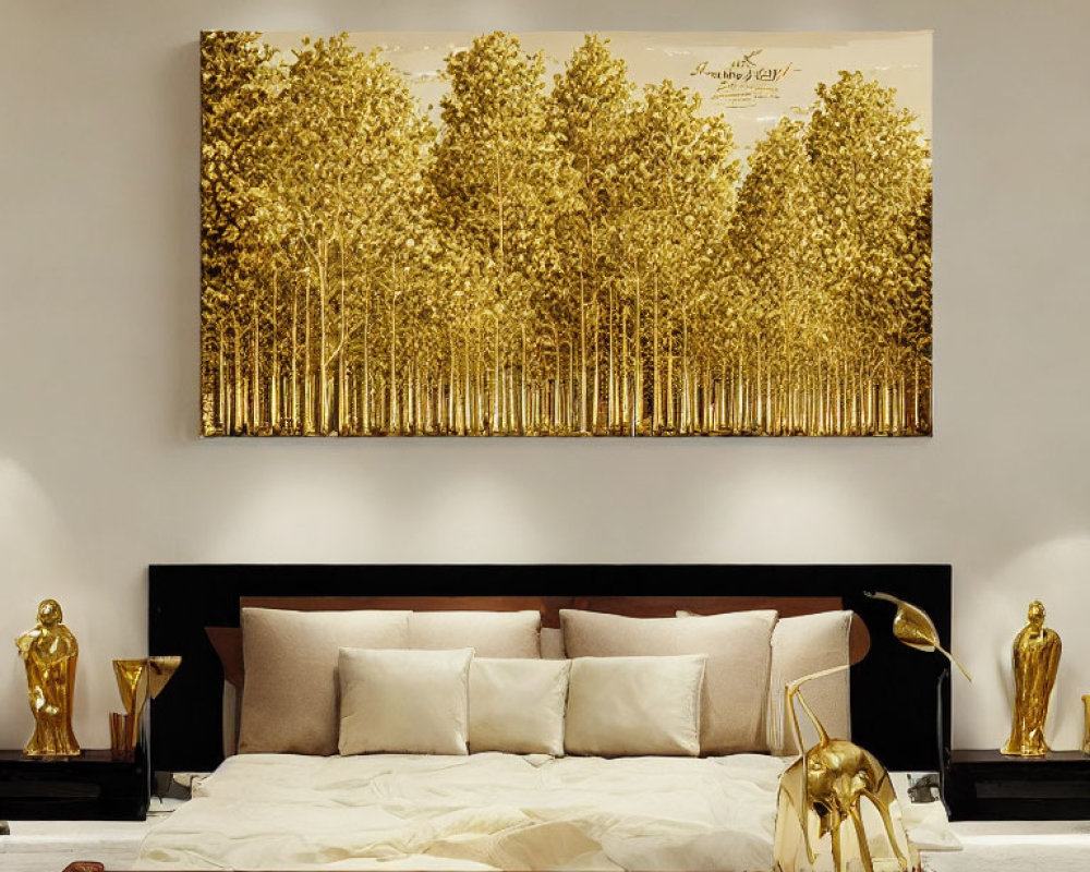 Modern Bedroom with Large Golden Forest Painting & Golden Accents