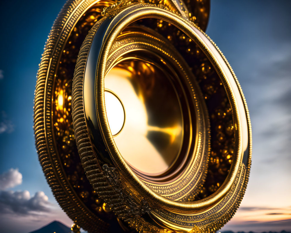 Golden Rings Interlocked in Spiraling Formation Against Moody Sky