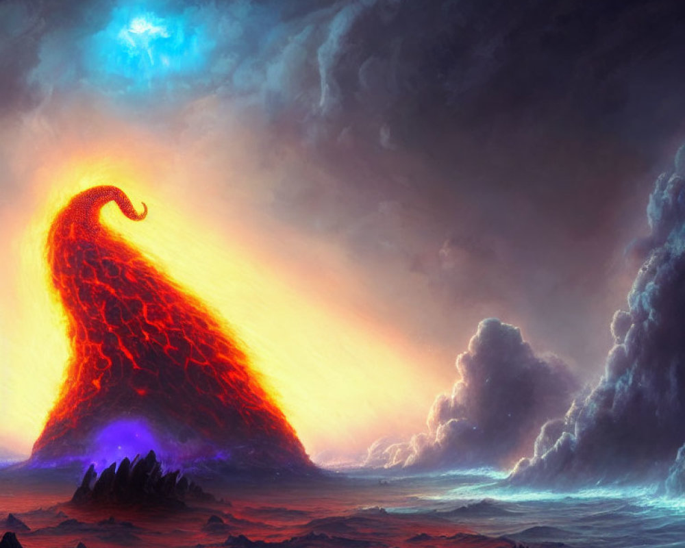 Fantasy Artwork: Colossal lava creature under stormy sky