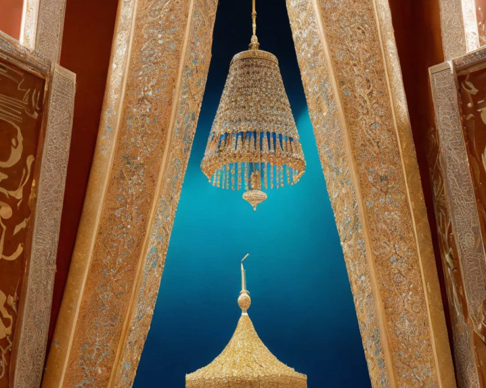 Luxurious crystal chandelier in ornate setting with golden pillars and blue background.