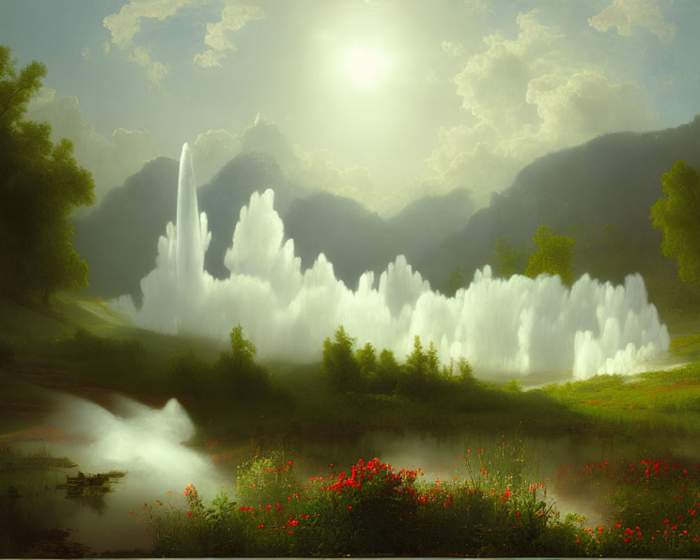 Tranquil landscape with fountain, sunlight, greenery, trees, red flowers, and mountains