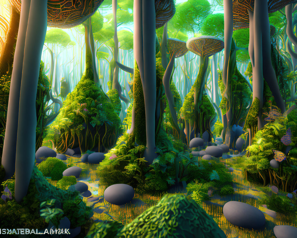 Mystical forest with towering trees and large mushrooms