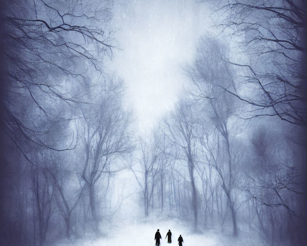 Figures walking in snowy forest with bare trees and foggy atmosphere