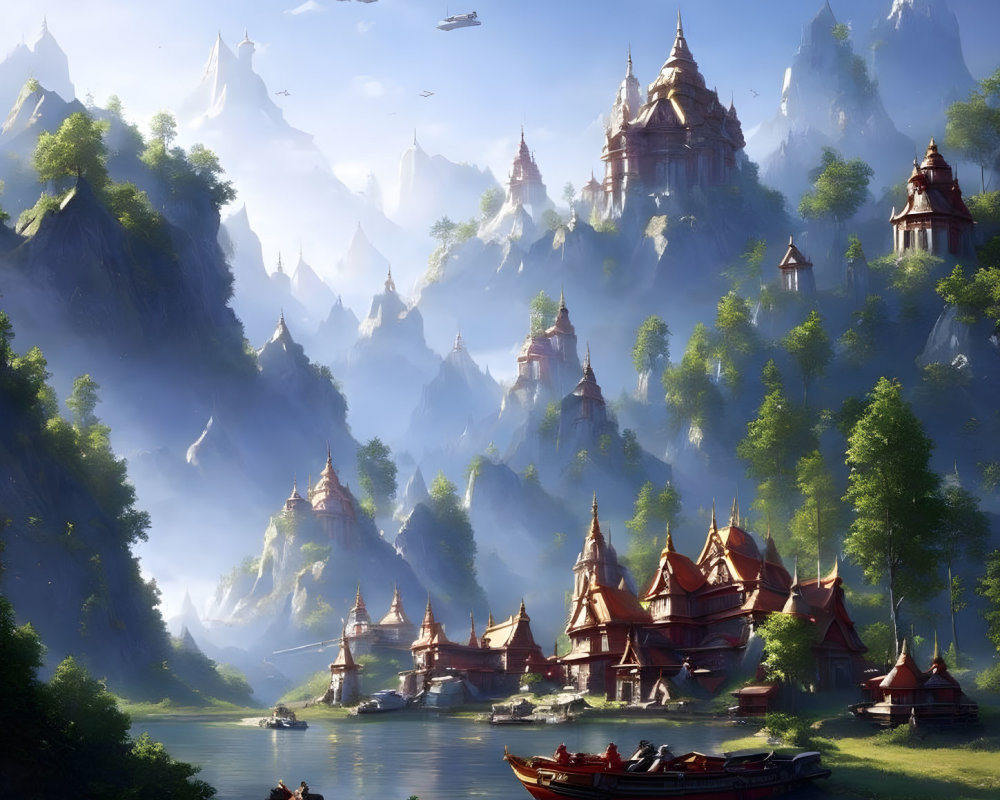 Fantasy landscape with ornate buildings, craggy peaks, river, boat, and floating islands