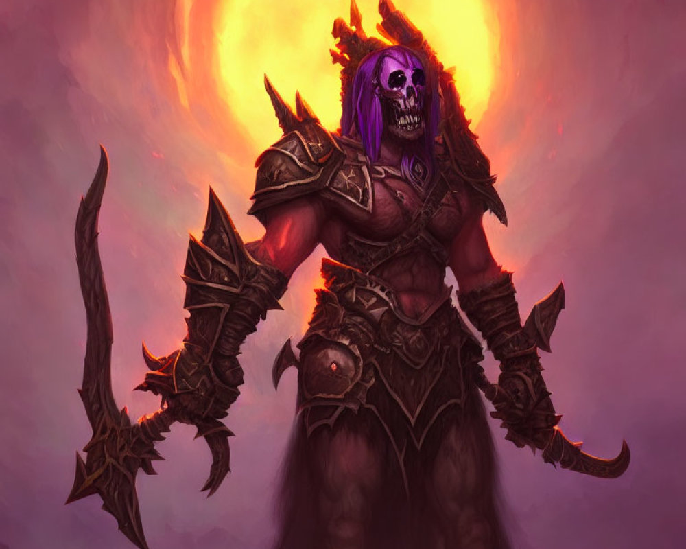 Skeletal warrior in ornate armor with fiery orb in purple sky