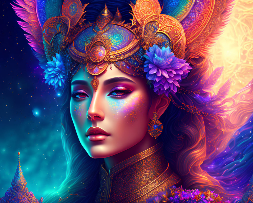 Colorful digital artwork: Woman with golden headdress in cosmic setting