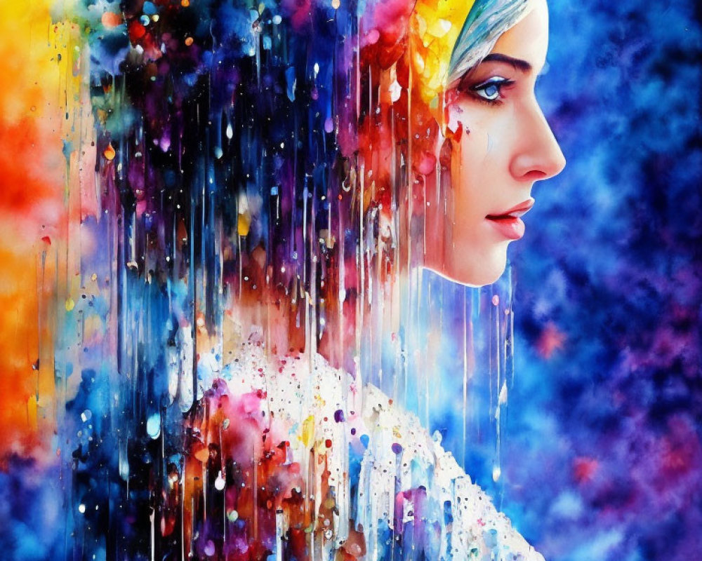 Colorful watercolor portrait of a woman with rainbow hues on cosmic backdrop