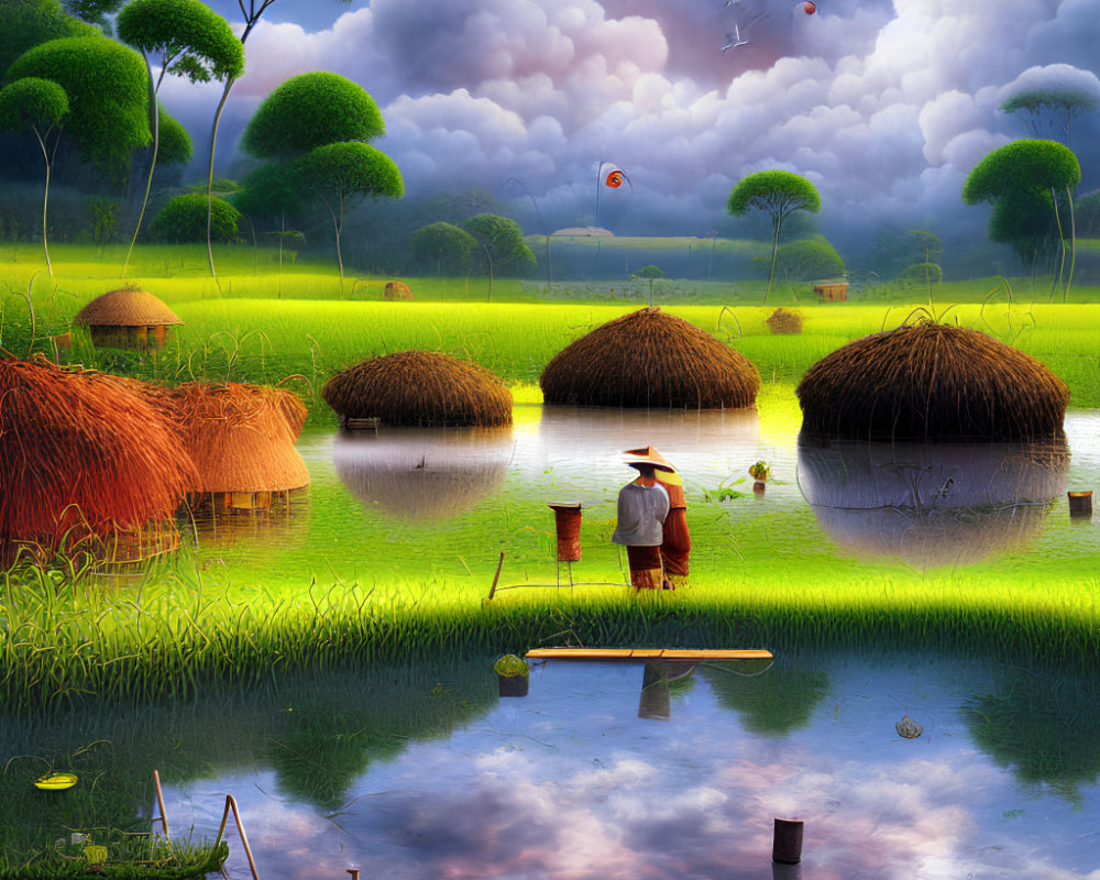 Colorful countryside scene with traditional huts, person in conical hat, lush greenery, reflective