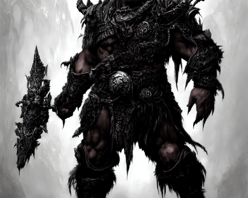 Menacing orc warrior in heavy armor with jagged sword in snowy mountains