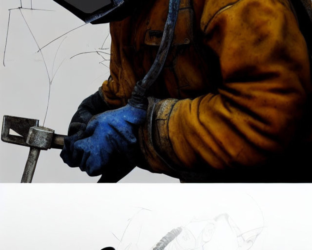 Illustration of person in welding gear: near-complete drawing above, initial sketch below