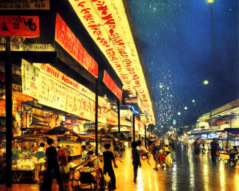 Vibrant night market scene with food stalls and glowing signs in rainy ambiance