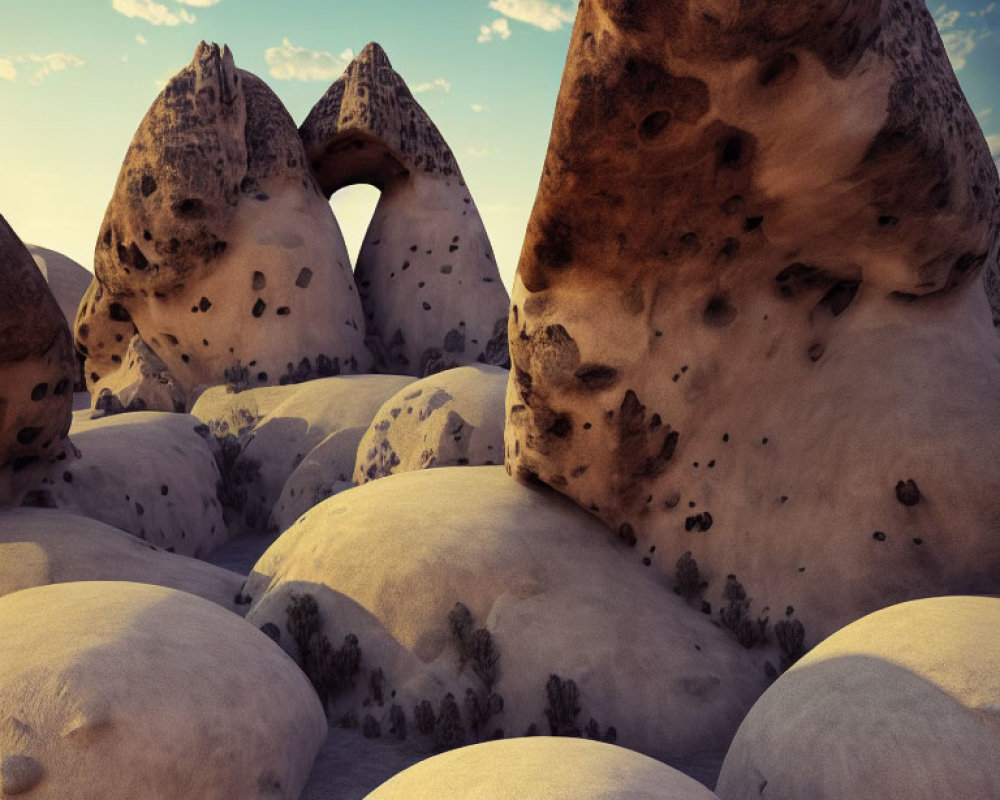 Conical Rock Formations Among Round Boulders at Dusk