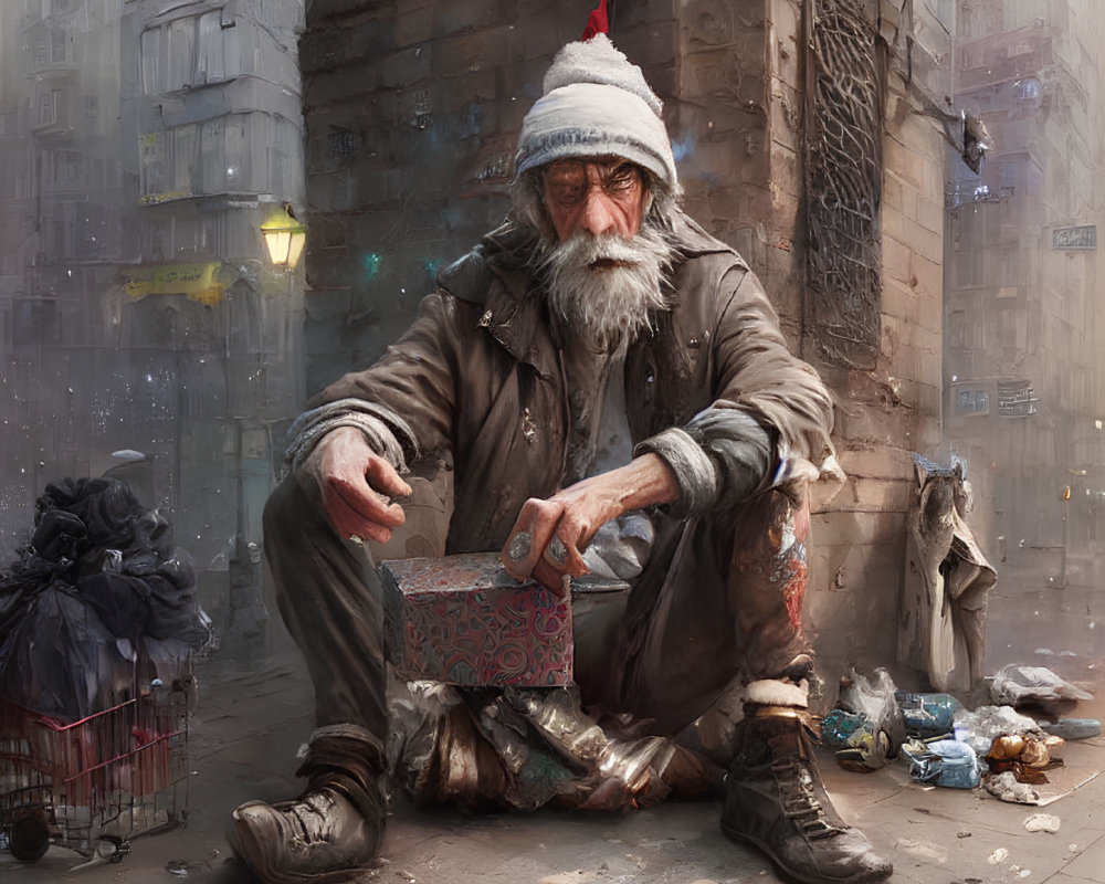 Elderly man with beard holding box in tattered clothes surrounded by trash