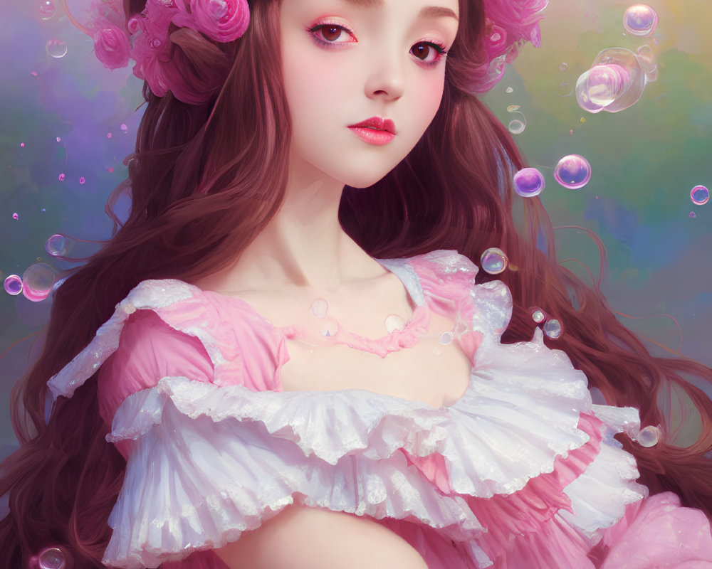 Young woman with dark hair and pink roses in pink dress among floating bubbles