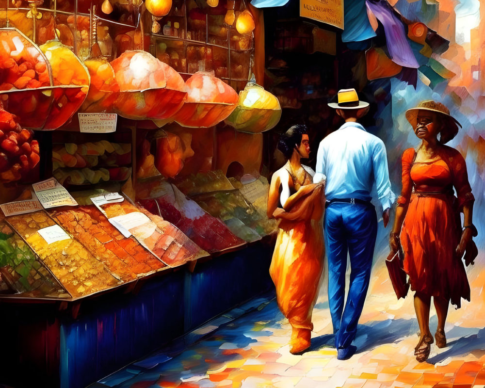 Colorful market scene with stalls, couple chatting, and woman in orange dress.