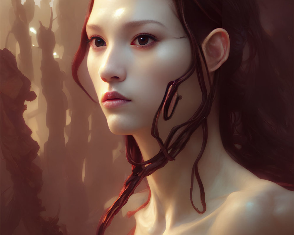 Fair-skinned woman with dark hair tendrils in digital portrait