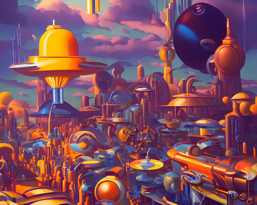 Futuristic cityscape with whimsical architecture and surreal sky