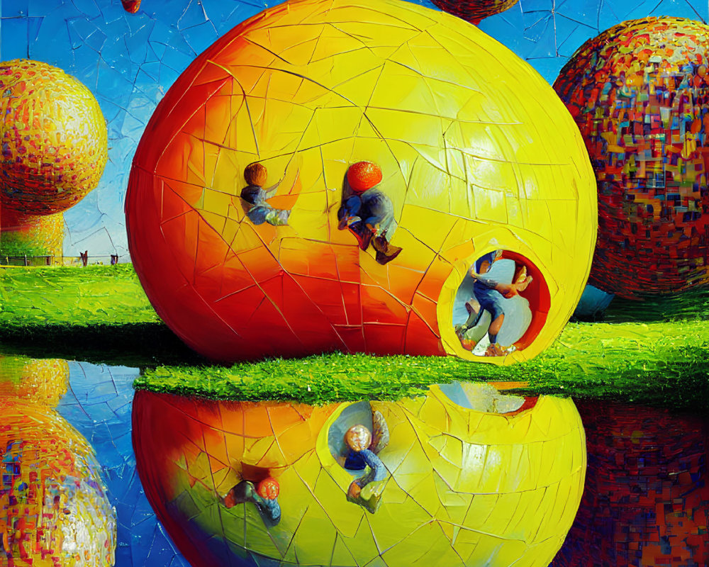 Vibrant mosaic textured spheres on shiny surface under blue sky